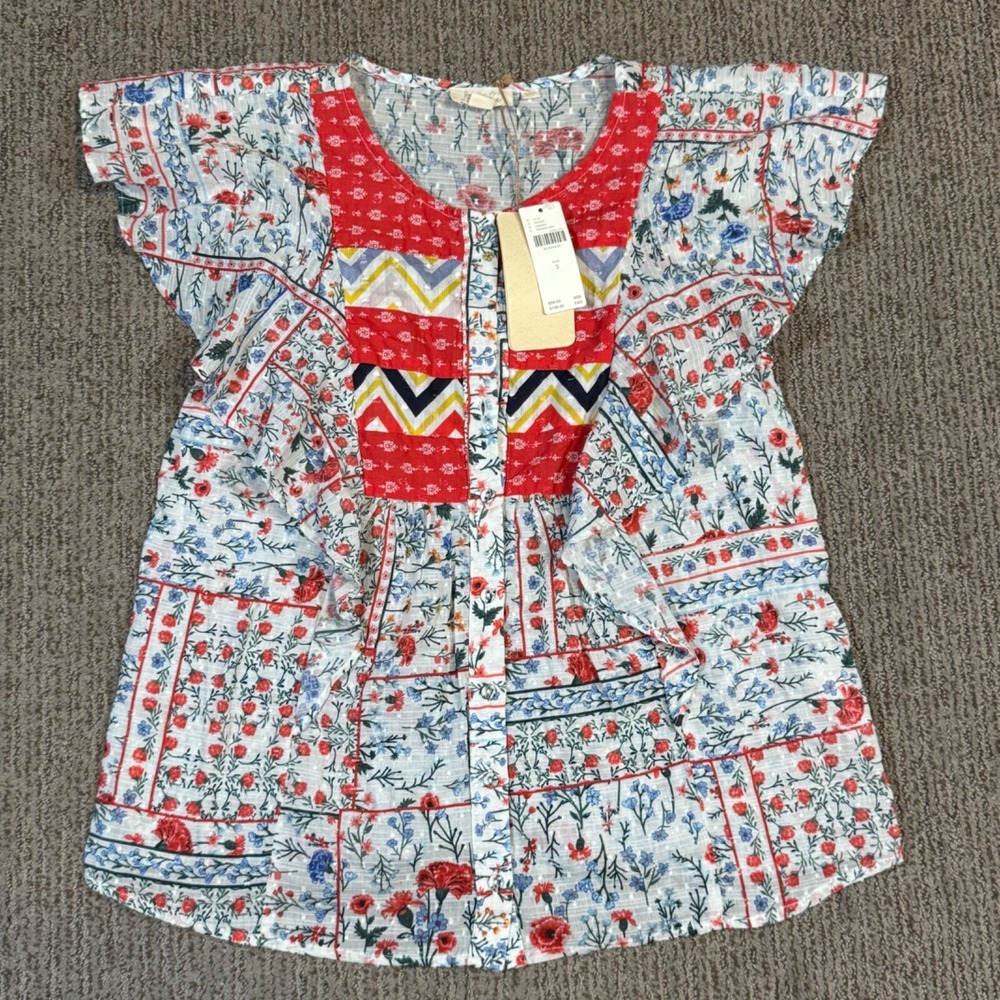 Anthropologie Let Me Be Womens 2 Patchwork Peasant Top Short Sleeve Cottagecore